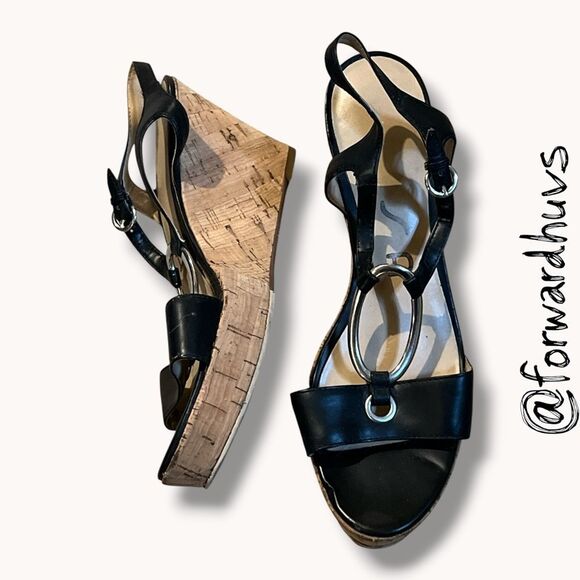 Unisa Shoes - Unisa Black Cork Wedge Slingback Sandals Silver Hardware Women’s Size